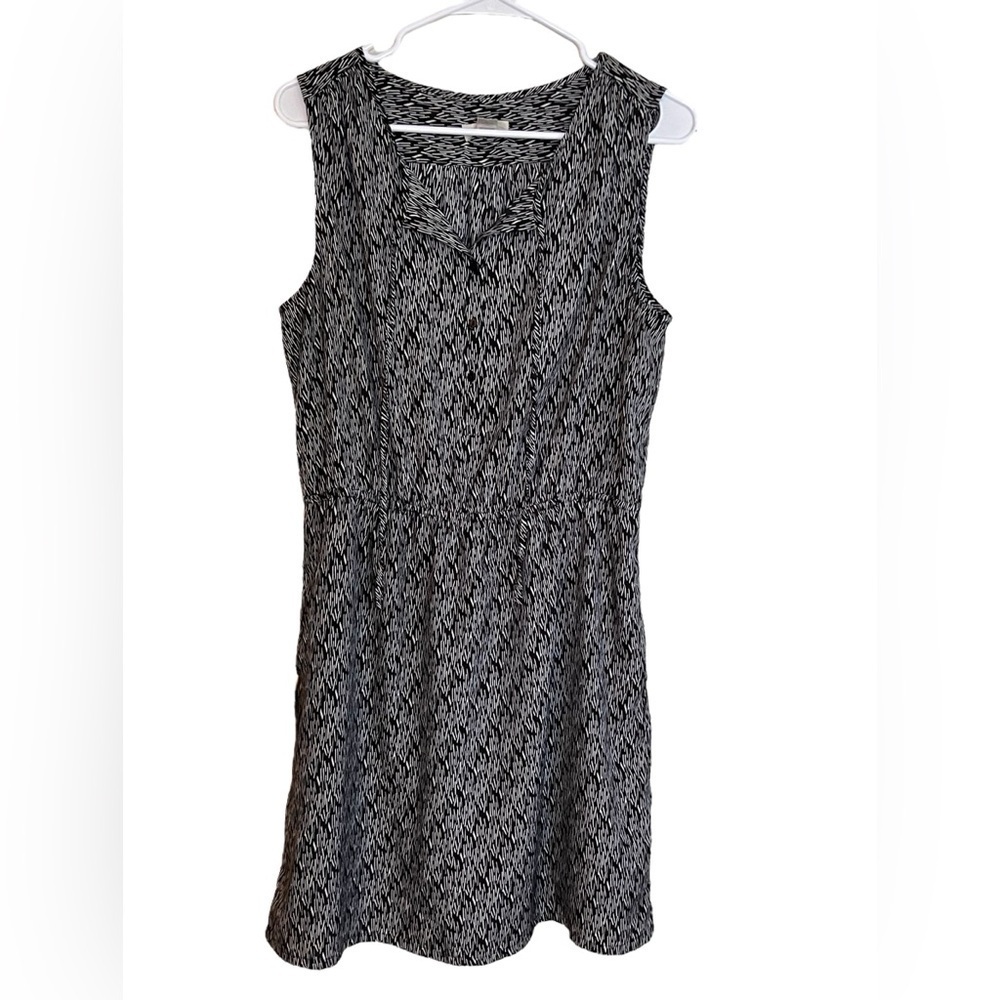 Loft Womens Dress Petite L  Black Beige Print Tie Front Lightweight Flowy Dressy